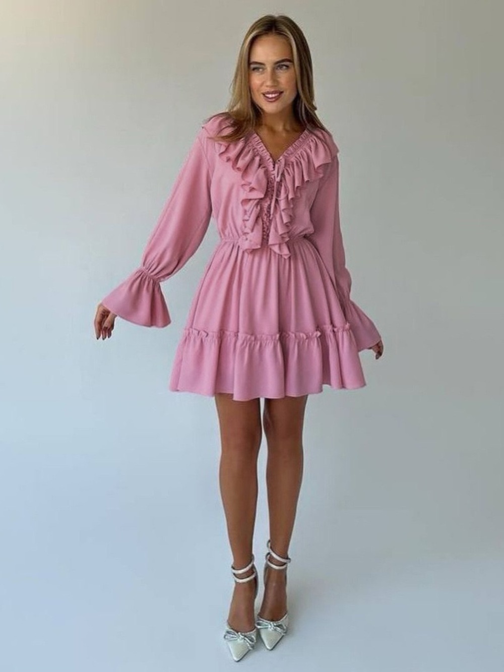 & Other Stories Dusty Pink Ruffle Tier Mini Dress